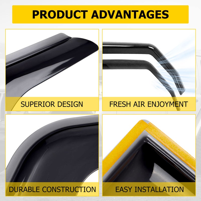 AUXMART 4Pcs Side Window Deflector Wind Rain Shade Visor Guard for 2007-2017 4-Door Jeep Wrangler JK Vent Visor Window Rain Guards for JK Wrangler 4 Door 2007-2017(Not for JL) - Image 3